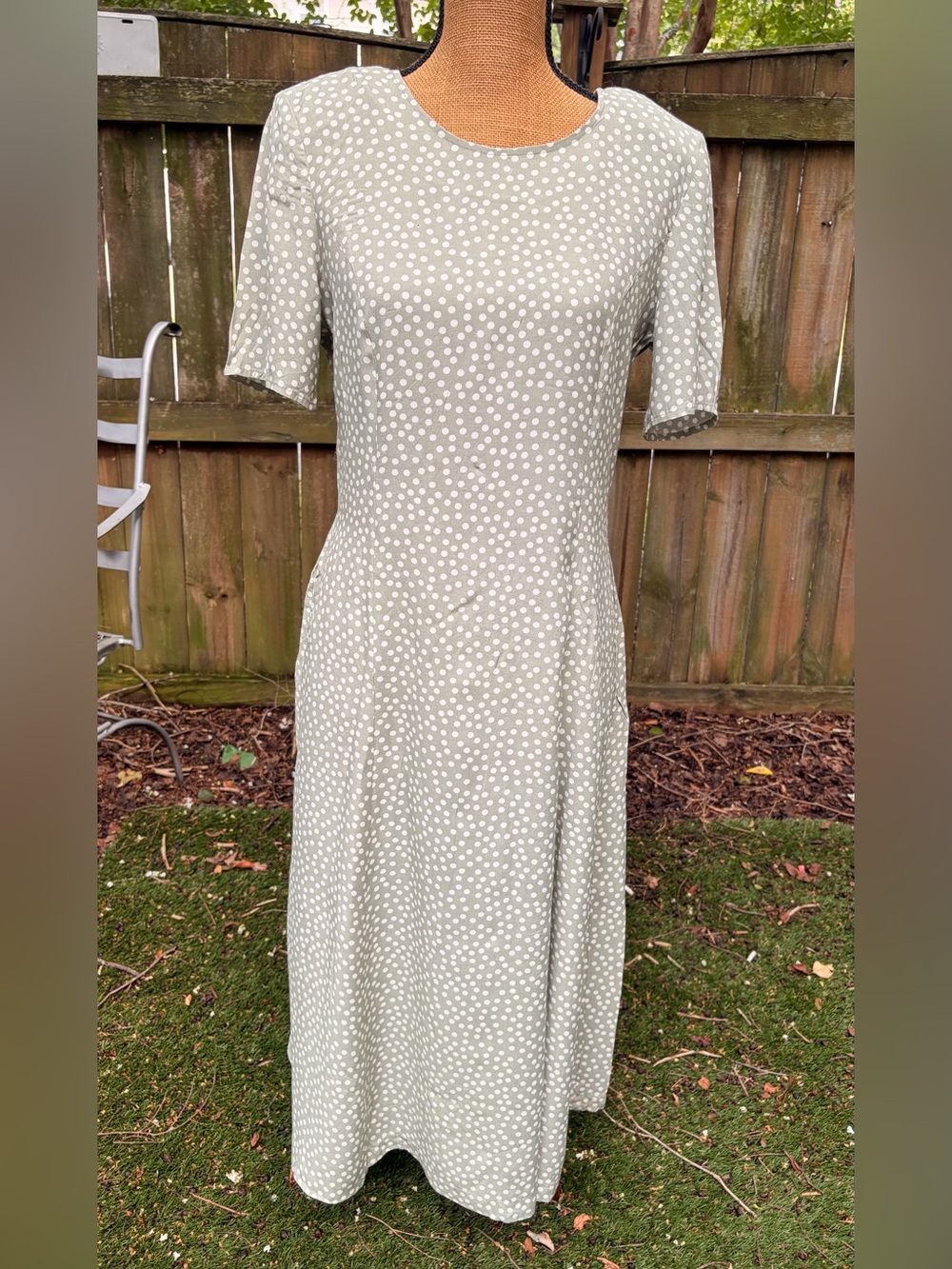 Vintage 90s Expressions by Kim Rogers Sage Polka Dot Rayon Midi Dress